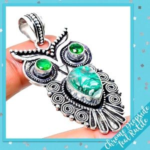Diopside & Teal Rutile Owl Pendant (Green & Blue-Green)